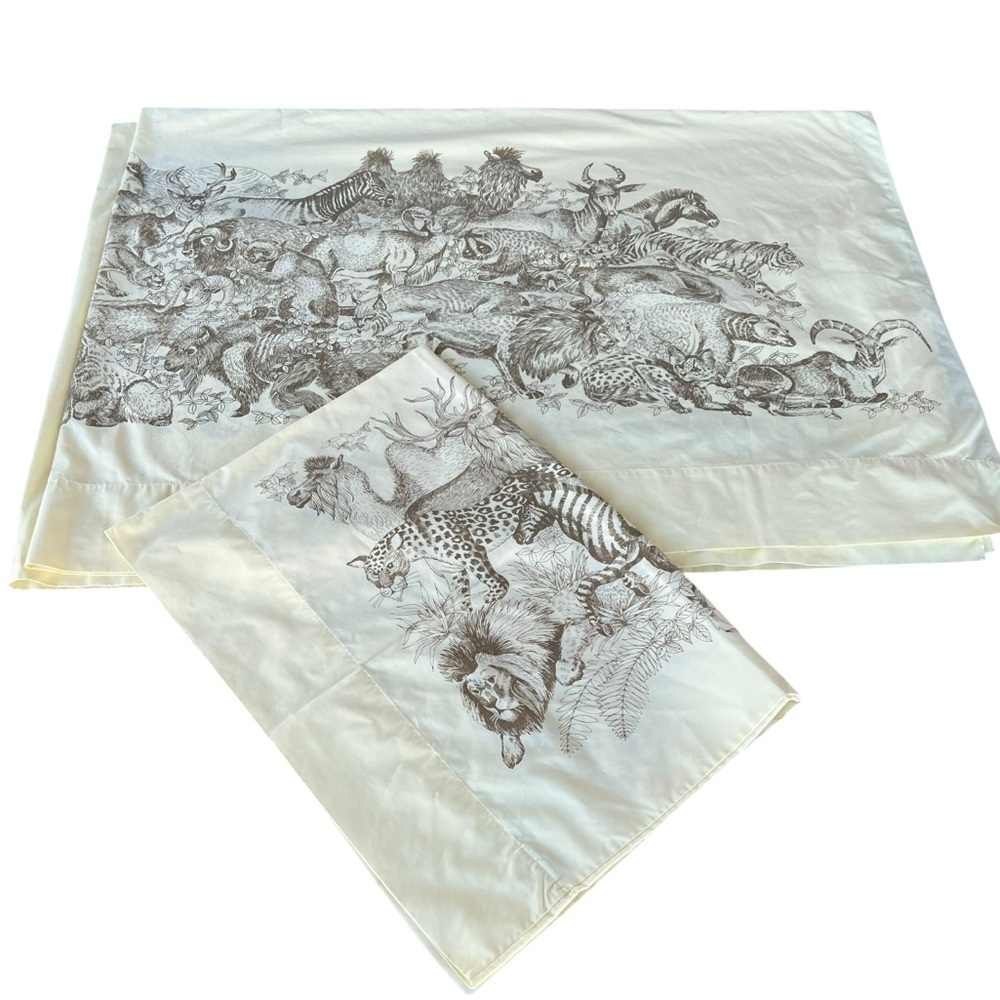 Vintage 1970s Safari Jungle Animals Sheet Set Carlin Comfort Yellow USA Twin XL